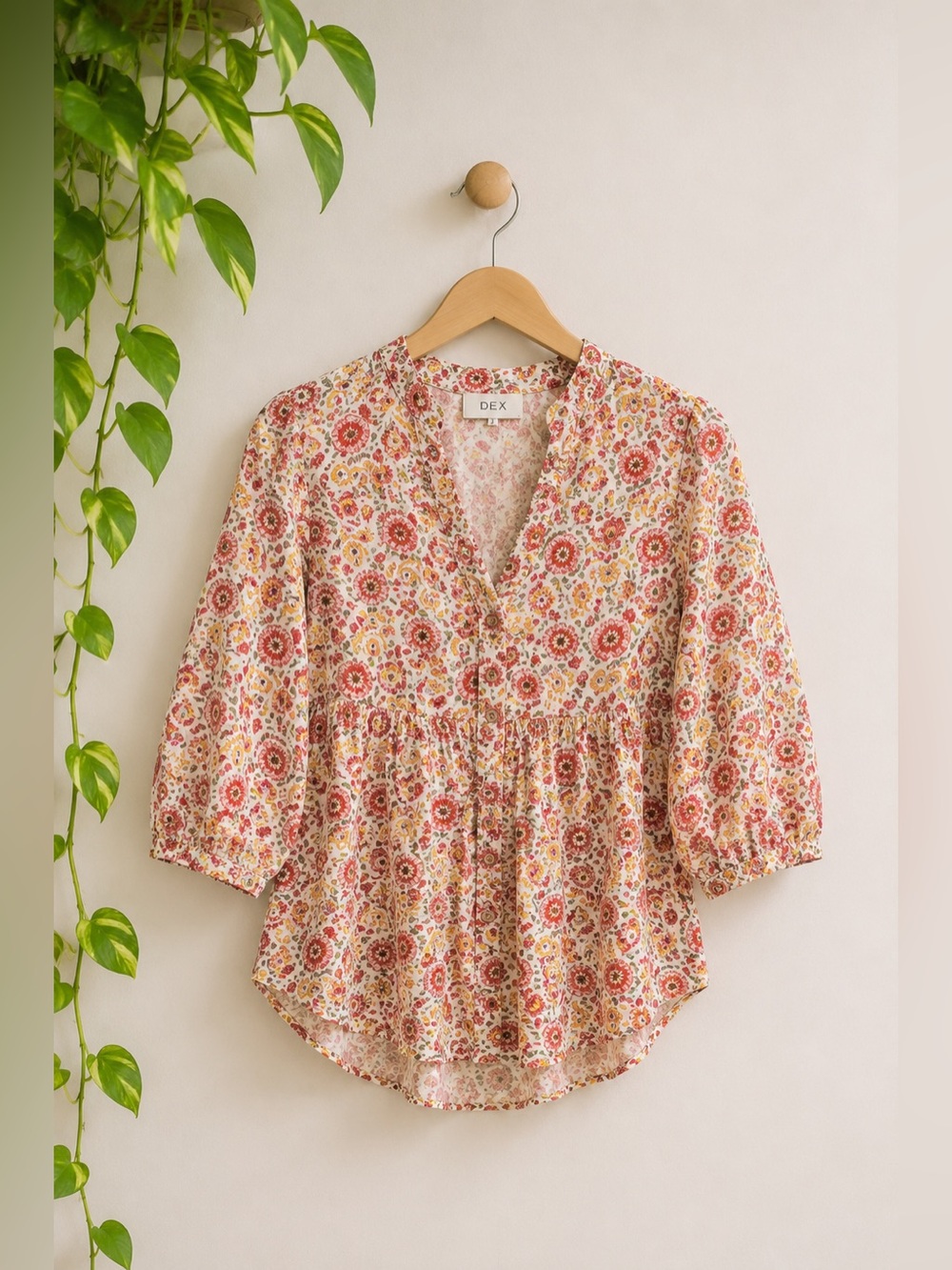 DEX Red‎ Yellow Floral Peasant Blouse Sz M Western Boho Cottagecore Flowy Cowboy